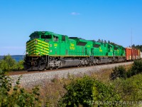 NBSR 6418 leading NBSR 121-07, NBSR 6416 and NBSR 6411 trailing, at Mile 14 McAdam sub.