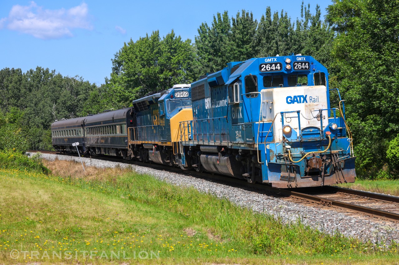 GMTX 2644 leading NBSR Work Extra with CSX geometry train, CSXT 9939 trailing, CSXT 994365 ‘Hocking Valley’ and CSXT TGC3 Track Geometry Car in tow, testing from McAdam, NB to Port of Saint John, NB on Aug 15, 2024.