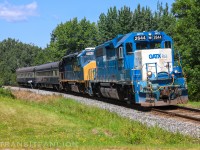 GMTX 2644 leading NBSR Work Extra with CSX geometry train, CSXT 9939 trailing, CSXT 994365 ‘Hocking Valley’ and CSXT TGC3 Track Geometry Car in tow, testing from McAdam, NB to Port of Saint John, NB on Aug 15, 2024.