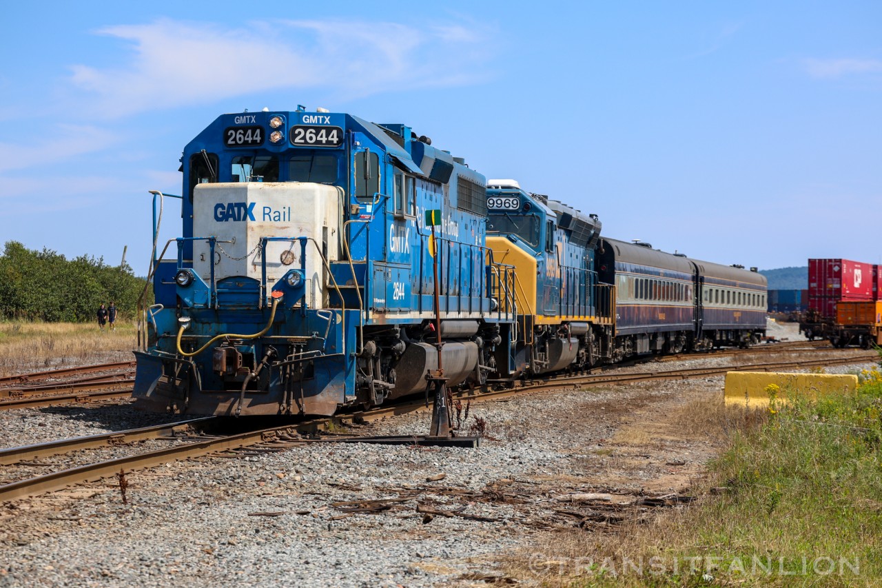 GMTX 2644 leading NBSR Work Extra with CSX geometry train, CSXT 9939 trailing, CSXT 994365 ‘Hocking Valley’ and CSXT TGC3 Track Geometry Car in tow, testing from McAdam, NB to Port of Saint John, NB on Aug 15, 2024.