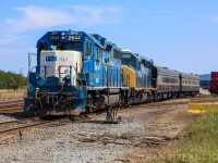 GMTX 2644 leading NBSR Work Extra with CSX geometry train, CSXT 9939 trailing, CSXT 994365 ‘Hocking Valley’ and CSXT TGC3 Track Geometry Car in tow, testing from McAdam, NB to Port of Saint John, NB on Aug 15, 2024.