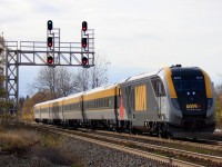 An exceptionally warm Halloween Day finds VIA Rail Corridor Service train #42 to Ottawa, Trainset 2213/14 passing under the West end signals at Belleville Station, Ontario. It was all treats and no tricks as my first time catching one of the new Siemens Venture trainsets.