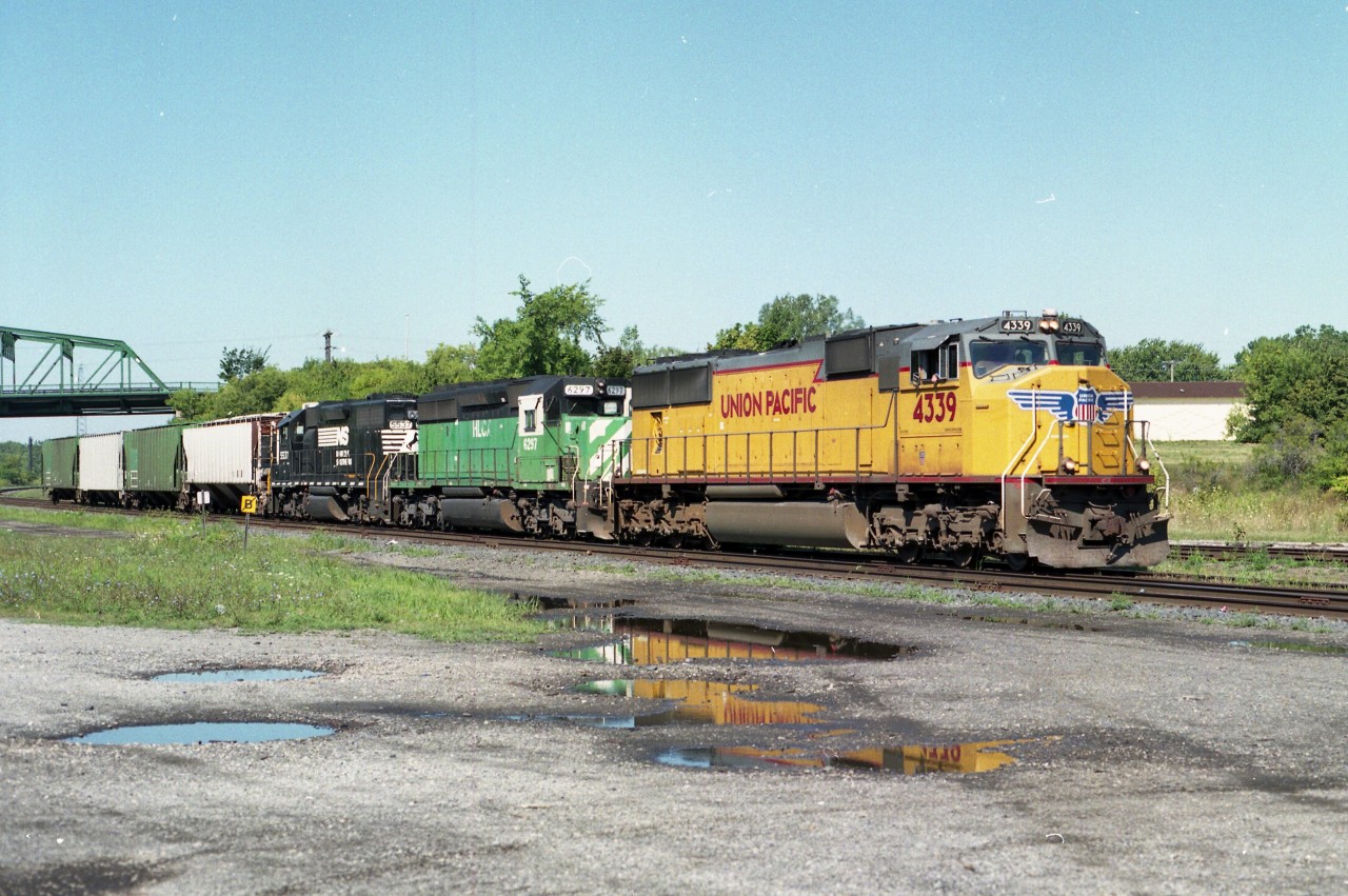 Rather colourful 'NS' 328 Talbotville to Buffalo auto parts train; short on cars but long on power. Up front is UP 4339, HLCX (BN) 6297 and NS 5537. Train is seen rolling under Central Av bridge in Fort Erie, closing in on the International Bridge, gateway to the US of A.