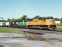 Rather colourful 'NS' 328 Talbotville to Buffalo auto parts train; short on cars but long on power. Up front is UP 4339, HLCX (BN) 6297 and NS 5537. Train is seen rolling under Central Av bridge in Fort Erie, closing in on the International Bridge, gateway to the US of A.