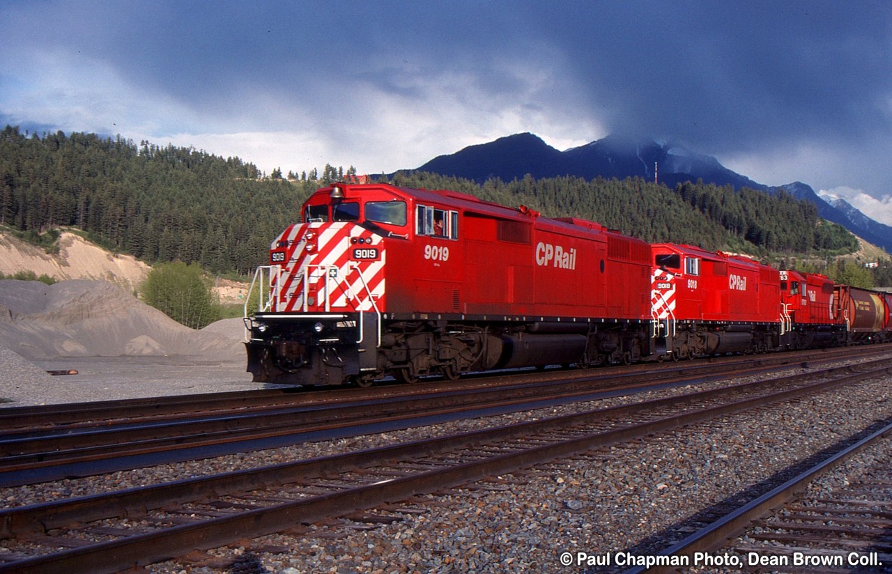 CP Westbound with CP SD40-2F 9019, CP SD40-2F 9018, and CP SD40-2 5763 at Golden BC on the Mountain Sub.