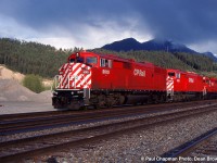 CP Westbound with CP SD40-2F 9019, CP SD40-2F 9018, and CP SD40-2 5763 at Golden BC on the Mountain Sub.