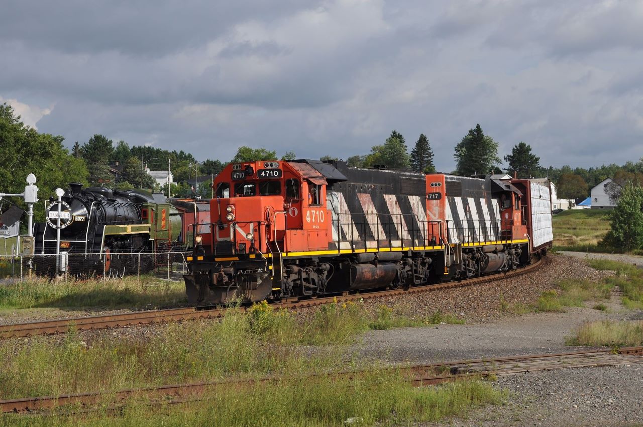 The Sudbury Turn heads out of Capreol on August 21, 2009 behind a pair of GP38-2s: 4710 and 4717.