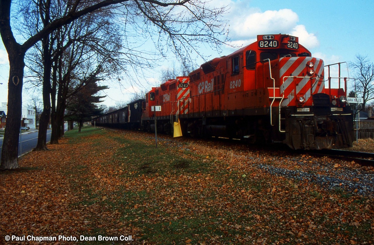 CP Northbound with CP GP9u 8240 and CP GP9u 8243 at Mile 1 on the CP Hamilton Sub in Niagara Falls, ON.