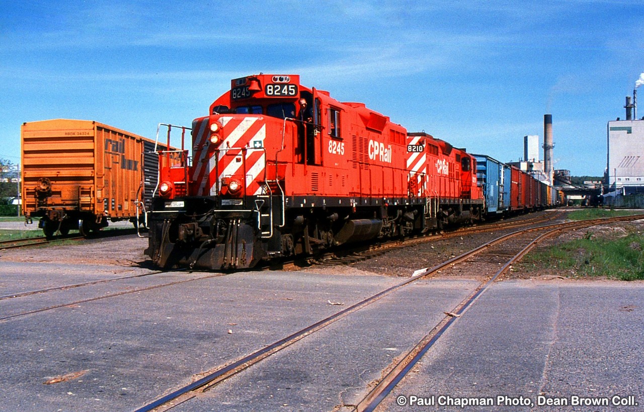 CP GP9u 8245 and CP GP9u 8210 arrive from Sudbury to switch the pulp Mill in Espanola on the Little Current Spur.