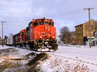 Their work completed at Stratford, CN L568 departs under a brief appearance of sunshine to work customers on the west end of the Guelph Sub.