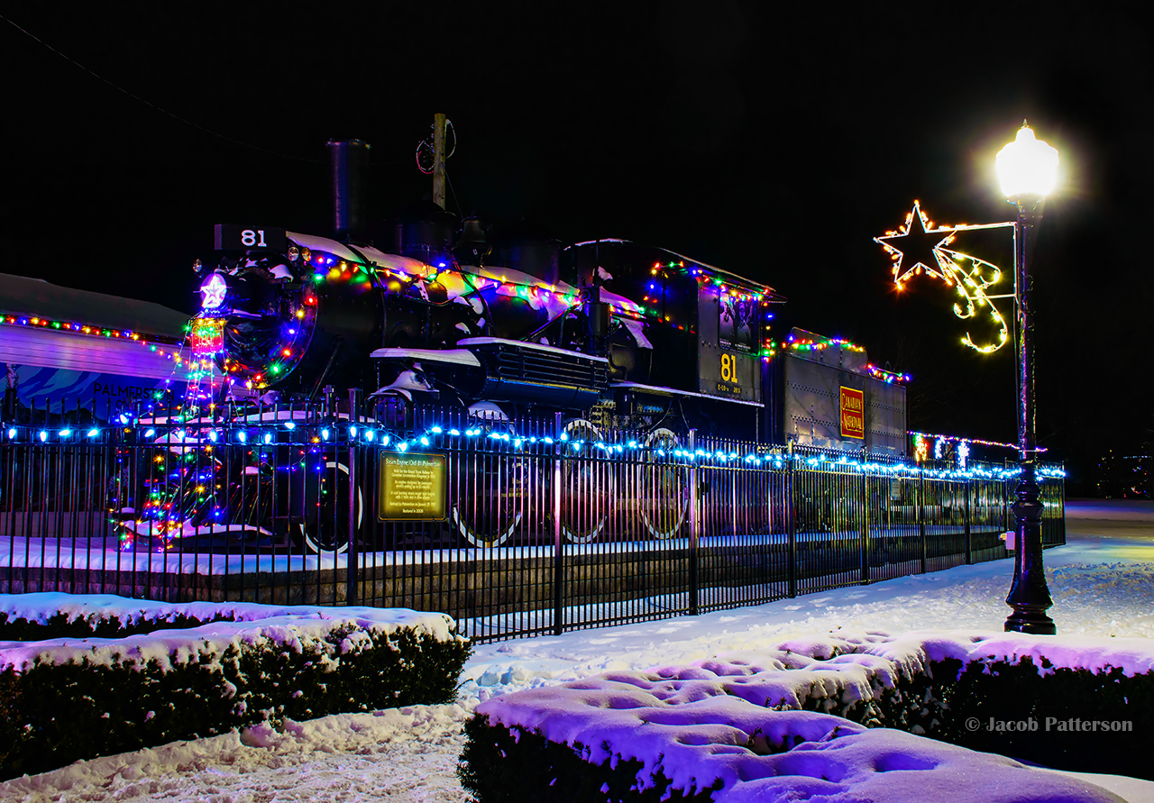 Sitting prominently at the north end of the former CNR yard, old 81 shines bright on a cold Christmas night.To each and everyone, have a Merry Christmas.