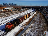 An extra passes the skyline of downtown Montreal.