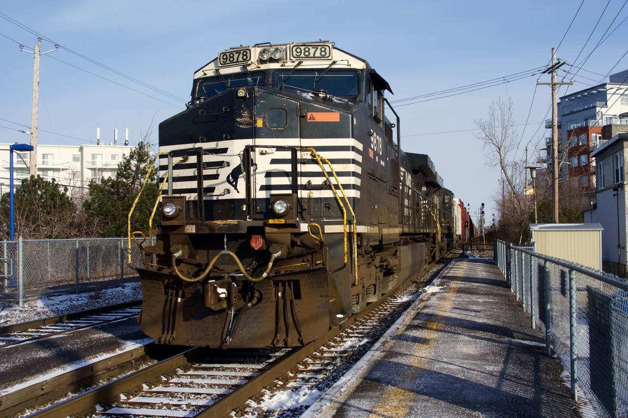 Usually entering Montreal around sunrise or earlier, a late CN 529 passes through St-Lambert Station with a getting rarer Dash9 leader (NS 9878).