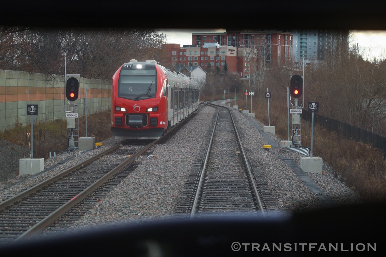 OC Transpo LINT C09 meeting FLIRT C11 on Ellwood sub / O train Line 2 during O-Train Line 2&4 Dress Rehearsal on Nov 30, 2024. Both lines will open on Jan 6, 2025.