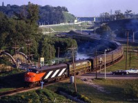 Joint CN/ONR train 49, <i>The Northland</a> from Toronto to Cochrane heads north through the Don Valley at Pottery Road.

<br><br><i>Scan and editing by Jacob Patterson.</i>