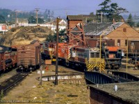 CPR Baldwins assigned to the Esquimalt & Nanaimo division sit near the roundhouse in Victoria, B.C.

<br><br><i>John Freyseng Photo, Jacob Patterson Collection Slide.</i>