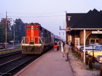 Monday - Friday train 986 from Guelph pulls into Brampton behind GTW GP18 4702 on a hazy late summer morning.

<br><br><i>Scan and editing by Jacob Patterson.</i>