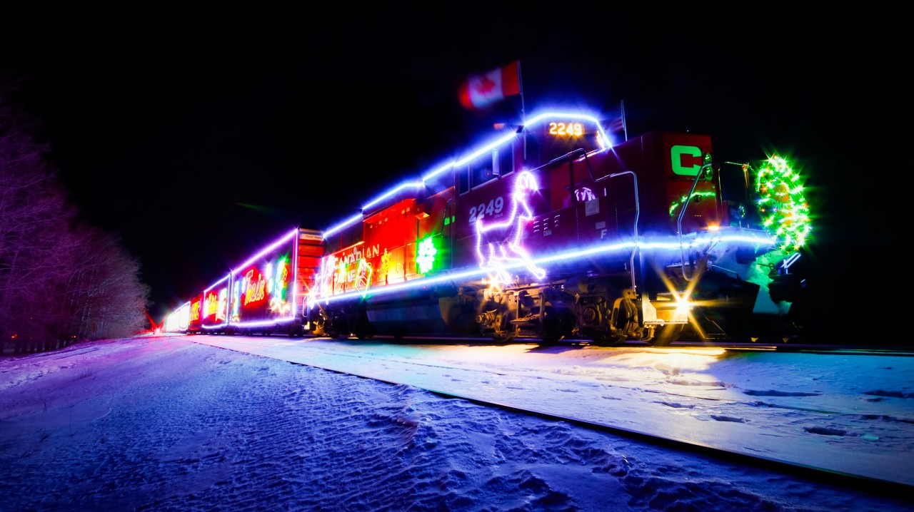 The 2024 CPKC Holiday Train sits in Qu'Appelle while the performers are playing their show. I took the opportunity to shoot some long exposures, taking inspiration from a fellow chaser who was also trackside that day and took a similar shot a few years back.