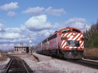 The last run of the CP Canadian #2 prior to the switch to CN track.Medonte Station could be a busy place with the tracks to Port McNicoll and Uhtoff quarry branching of just  north of the station.Now the train and station are long gone at this location