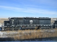 <b> Parrish & Heimbecker 8 </b> <br>
As seen from VIA #1 The Canadian, PHLX 8 an SD40-2 sits powered down on its home storage track in Oban, SK at CN Oban East Mile 7.56 CN Wainwright Sub. on November 22, 2024.