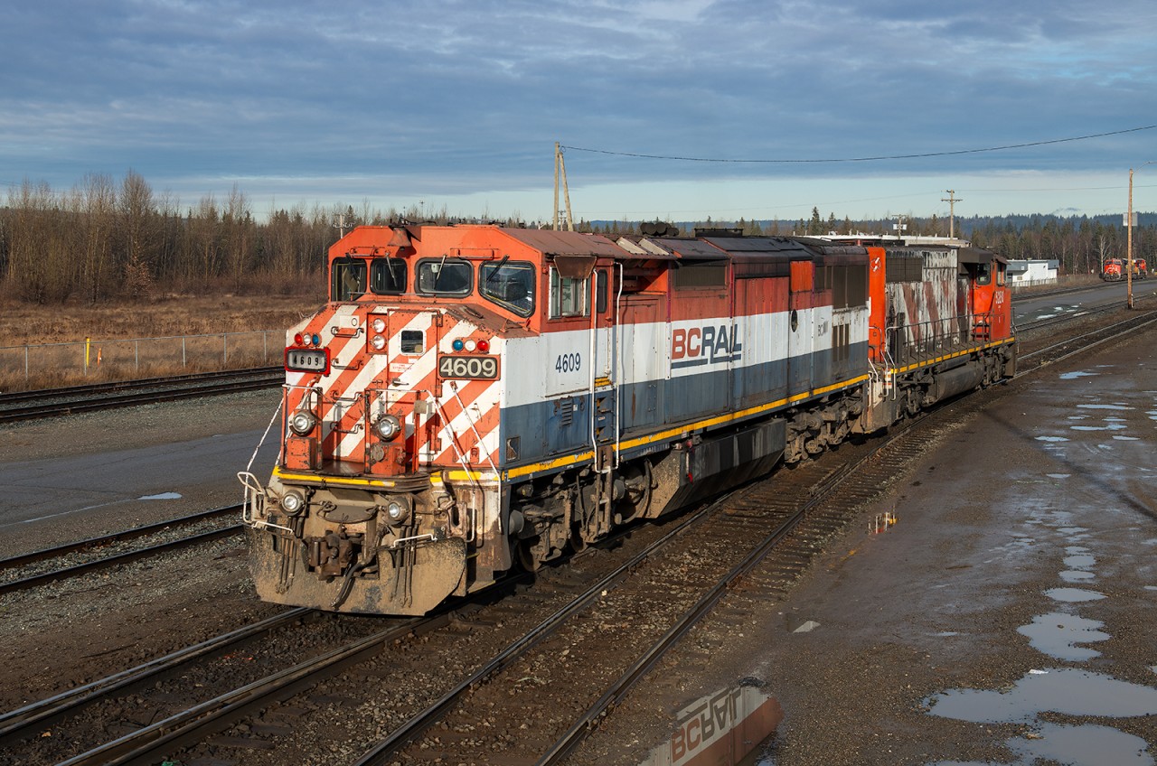 CN's 0700 Prince George South Yard (North End) crew has "gone for beans" leaving BCOL C40-8M 4609 and CN SD40-2W 5280 idling outside of the lunch room. BCOL 4609 is the last of the series (4601-4626) remaining on the roster and has spent the last year of its life back home in Prince George working various yard jobs. 9 days later, CN sent this engine east on train Q198 with an uncertain fate. As of December 1st, 2024 it is in Winnipeg in "Long Term" storage status.