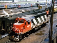 The other high speed geared GP40 that VIA used to power Tempo trains to Windsor and Sarnia. Scanned from an old print. Surrounded by the other classics of Spadina in the day including ONR power for the overnight train to...at least Cochrane I believe. 