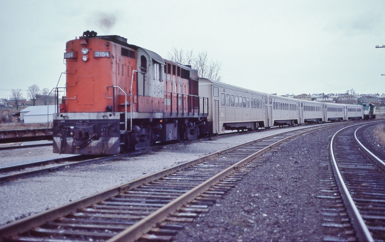 For reasons  that defy logic – by today's standards – early VIA decided the Tempo equipment (built circa 1968),


did not suit the needs, despite being the newest (after the Turbos) equipment in the fleet VIA inherited (actually you & I bought from CN),and being head end powered (electrical heat & air);


and that explains how Tempo units – owned by CN and not bought by VIA – became available when GO was short ACPU units 


About the time this Kodachrome was exposed GO was in the process (actual the ONR shops) of rebuilding the two ex MILW F's ( #93A & #104A) into the future GO #910 (rebuilt 1981) & 911 (rebuilt 1982).


       MILW 103A   


At Bradford,a GO 700 series unit powers a northbound GO, with CN Tempo #3151 providing the HEP, on what must be a re-positioning move on Sunday Nov 14, 1982 Kodachrome by J. Art Clowes collection of S.Danko, 


Interesting


Bradford GO train service commenced September 7, 1982.


And all the (steam heated) equipment VIA employed to replace the Tempo Trains is long retired, sold or scrapped and the Tempo Train equipment, after a couple of decades owned by the D&RGW for their Ski Train, is back on CN rails (now Watco) as the Agawa Canyon train.