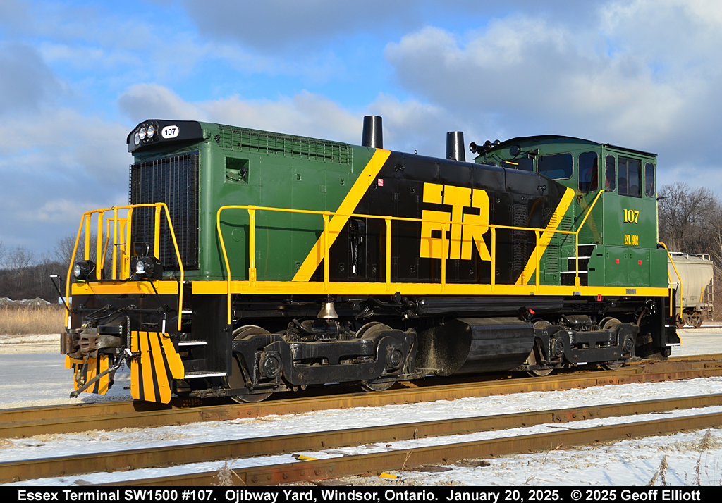 Essex Terminal SW1500 #107 sports it's new suit at Ojibway Yard on Windsor's West end on January 20, 2025.  Now 3 of the 4 ETR units have been painted with 108 the last hold out in ETR's traditional black and yellow.  Although I do like 104 and 105's schemes better, I'm sure 107 will grow on me over time as it will be painted like for a LONG time.