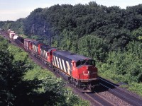 CN HR616 and MLW sisters leading an eastbound thru Bayview Jct 