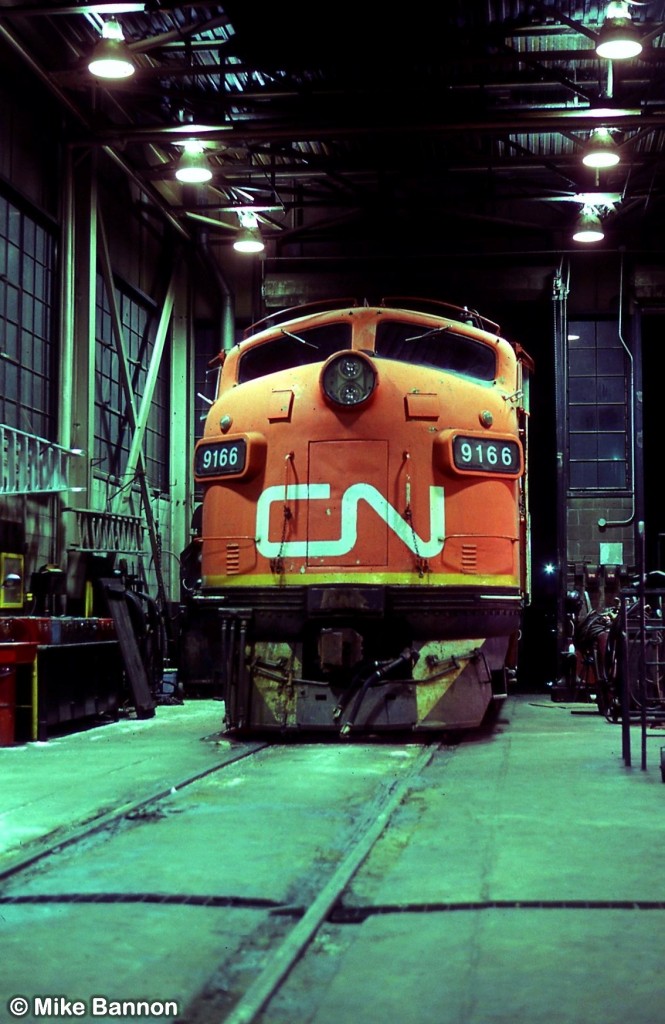 CN 9166 being serviced at CN Stewart Shop building.
Bill Turner photo from my collection.