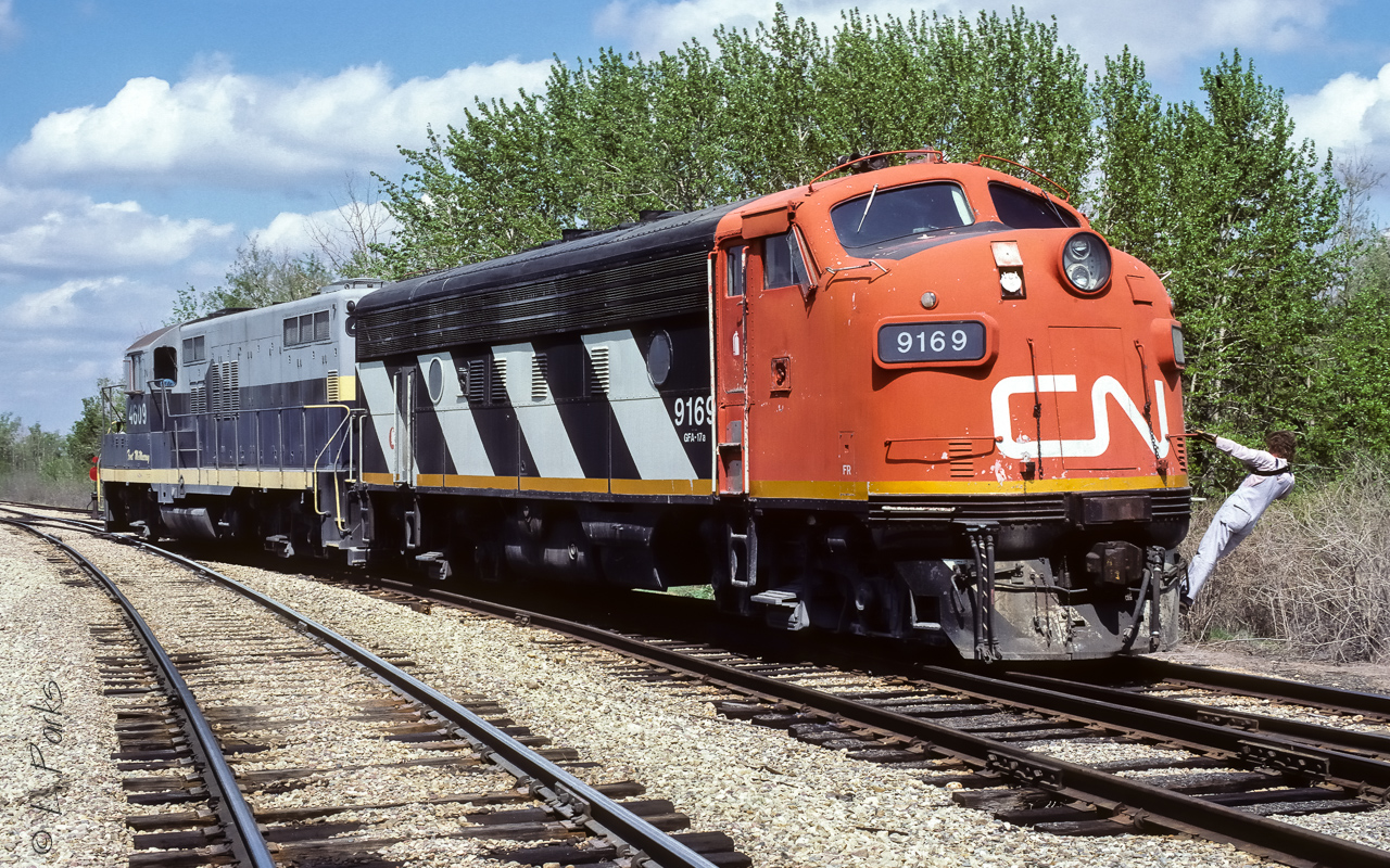 The crew for 584 had finished spotting cars at the elevators in Redwater and were headed to the mainline to couple back onto the train and continue the trip east.