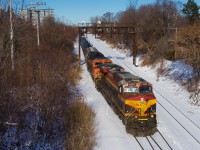 CPKC 528 departing Robbie Burns with a new crew onboard and both units up front (usually this train has one at each end).