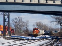 CN 369 approaches Dorval Station as CPKC 114 and VIA 62 head east.