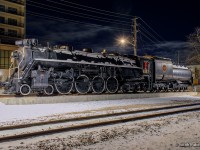 In response to <a href=https://www.railpictures.ca/?attachment_id=55932>Eric May's 2006 image,</a> here is a recent view of CNR 6167 on display in downtown Guelph.  Illuminated by overhead lighting, work by Guelph Museums volunteers can be seen, including the CNR herald on the tender, and new cab windows.