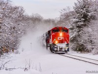 A day of challenges out on the Mactier Sub, with 119 making a number of setoffs at Mactier due to power issues, holding both 2-118 up at Brignall, and 118 north of Parry Sound.  With 119 finally off the main, 2-118 kicks up the snow near mile 5 of the Parry Sound Sub.  The outbound crew would run into other issues on their way to Toronto, going into emergency at mile 95 for a train line separation behind the mid DPU (CP 8855).  With it repaired and a roll by completed, the conductor would have to ride the tail end from mile 95 to roughly mile 88 before having enough room for the 6000 foot train to shove back and pick him up.