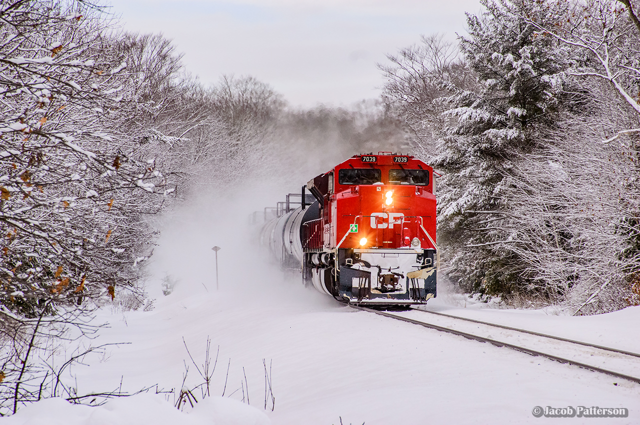 A day of challenges out on the Mactier Sub, with 119 making a number of setoffs at Mactier due to power issues, holding both 2-118 up at Brignall, and 118 north of Parry Sound.  With 119 finally off the main, 2-118 kicks up the snow near mile 5 of the Parry Sound Sub.  The outbound crew would run into other issues on their way to Toronto, going into emergency at mile 95 for a train line separation behind the mid DPU (CP 8855).  With it repaired and a roll by completed, the conductor would have to ride the tail end from mile 95 to roughly mile 88 before having enough room for the 6000 foot train to shove back and pick him up.