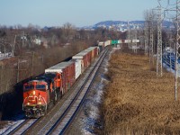 Mount Royal is in the background as CN 369 rounds a curve.