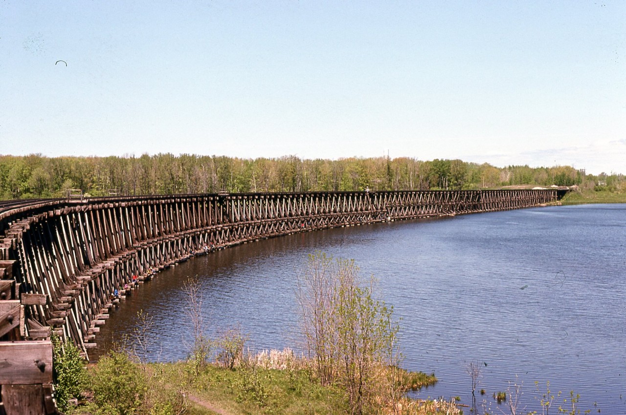 The now long gone Hog bay trestle used by CP to access Port McNicoll.
Trestle was removed by a company that actually removed each piling for reuse.
CP built a bypass to Port by this time and ran on the CN Midlabd sub