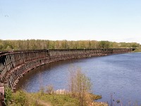 The now long gone Hog bay trestle used by CP to access Port McNicoll.
Trestle was removed by a company that actually removed each piling for reuse.
CP built a bypass to Port by this time and ran on the CN Midlabd sub