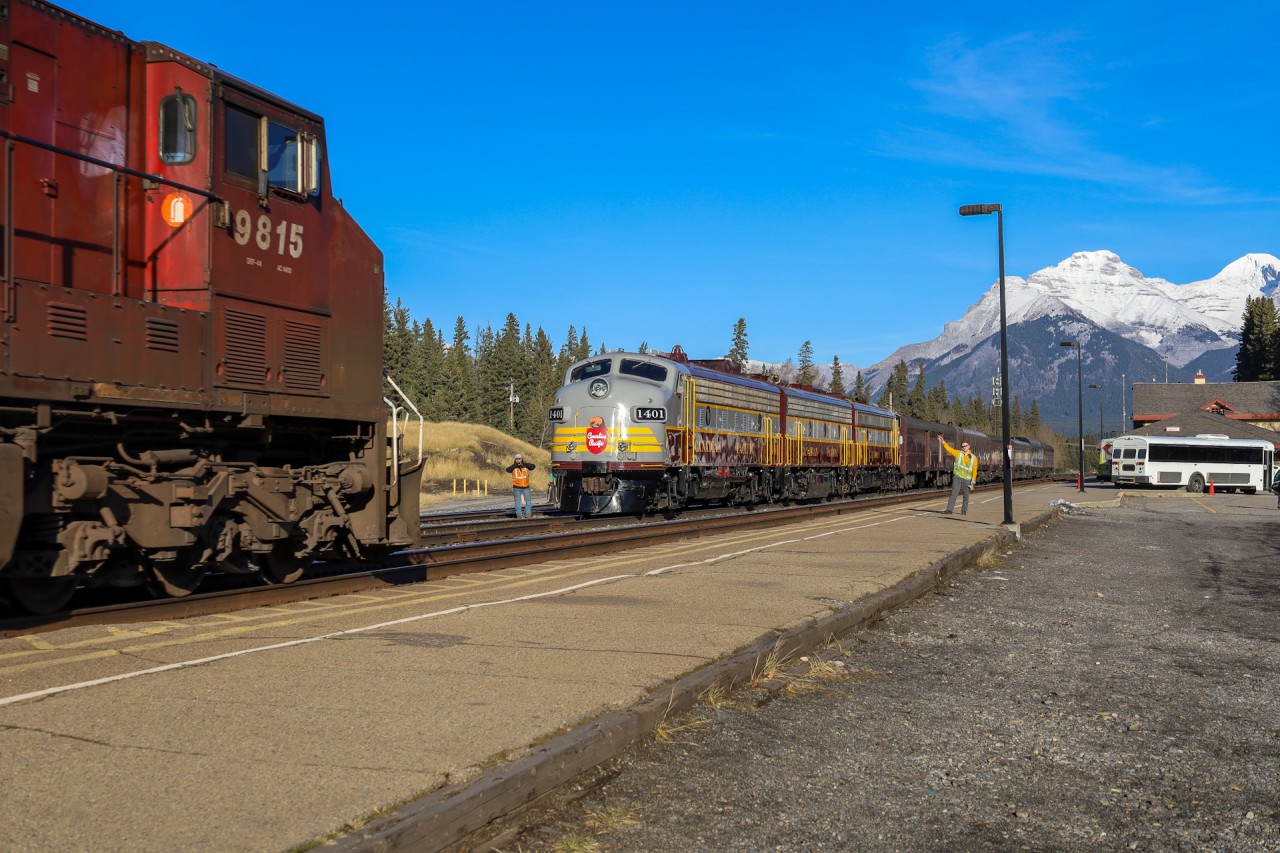 The crew of CP 1401 west gives hotshot 112-29 a roll by inspection in scenic Banff, Alberta.