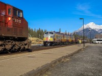 The crew of CP 1401 west gives hotshot 112-29 a roll by inspection in scenic Banff, Alberta. 