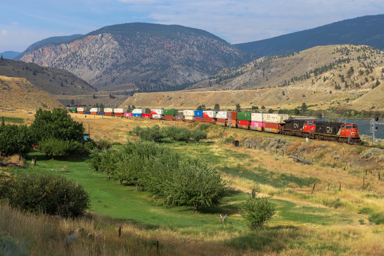 Chicago to Vancouver train Q 11792 28 highballs past a farm at Martel with CN 5734, CN 2561 and 141 cars.