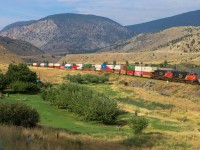 Chicago to Vancouver train Q 11792 28 highballs past a farm at Martel with CN 5734, CN 2561 and 141 cars.  