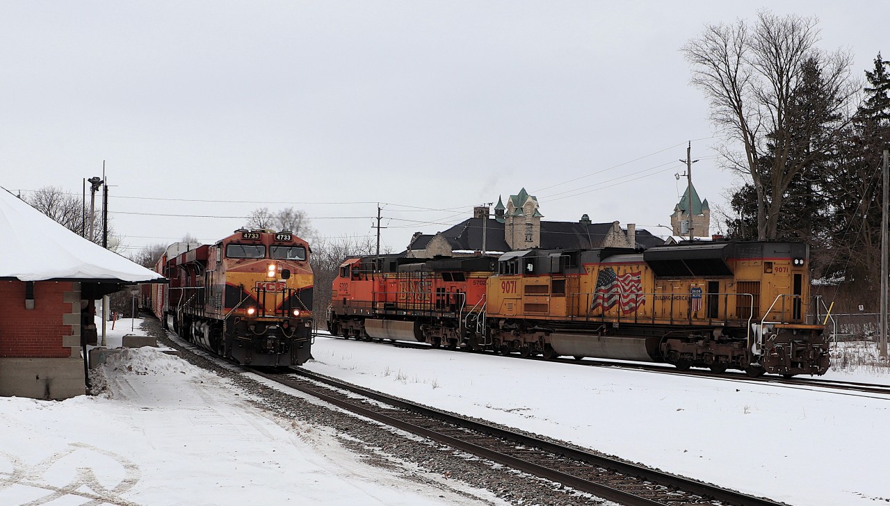 After waiting a while for H72 to clear and BNSF 5702 with UP 9071 to "Y" their train to head back west, CPKC 134 with KCSM 4733 and CP 8769 roll by the old Galt train station headed east. Four rail lines in one shot, not bad.