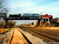 PCHR 308 S-1 crossing over the CN Grimsby Sub on the Townline Spur.