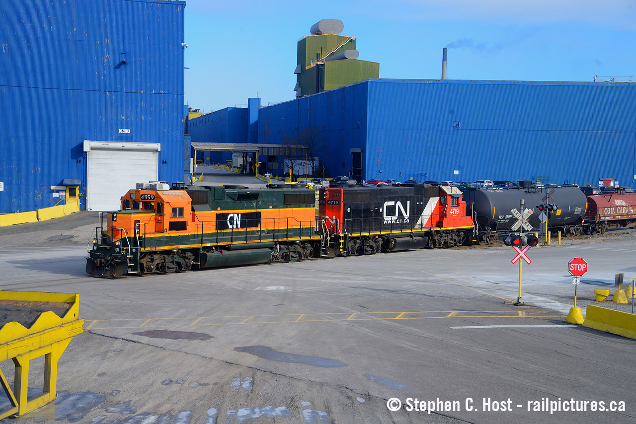 So here's the new patch job from the "second hand" 49xx number series. At least 5 BNSF units have been purchased from BNSF, of the ones formerly on HPH hours. 2316, which is now 4959 is shown in it's beautifully patched paint that will please the 'uglier the better' folks. The Hamilton 0600 is seen shoving into Stelco with a cut of steel gons and a tank for the coke plant. 
So whie we're here, and for the folks who were with us this day, Here's what it was like here a while ago.
RLHH (SOR) Train 599 - the Steel Train, in the 2010's
Stelco switching the plant
Dofasco in enemy territory
US Steel switcher after they repainted Stelco locomotives in bright yellow
Three GP9's in three paint schemes - on CP
Three matching CN GP9's
Not to be outdone, three matching CP GP9's