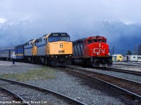 VIA 1 with VIA F40PH-2 6449 meets CN 303 with CN SD40-2(W) 5249 at Jasper.