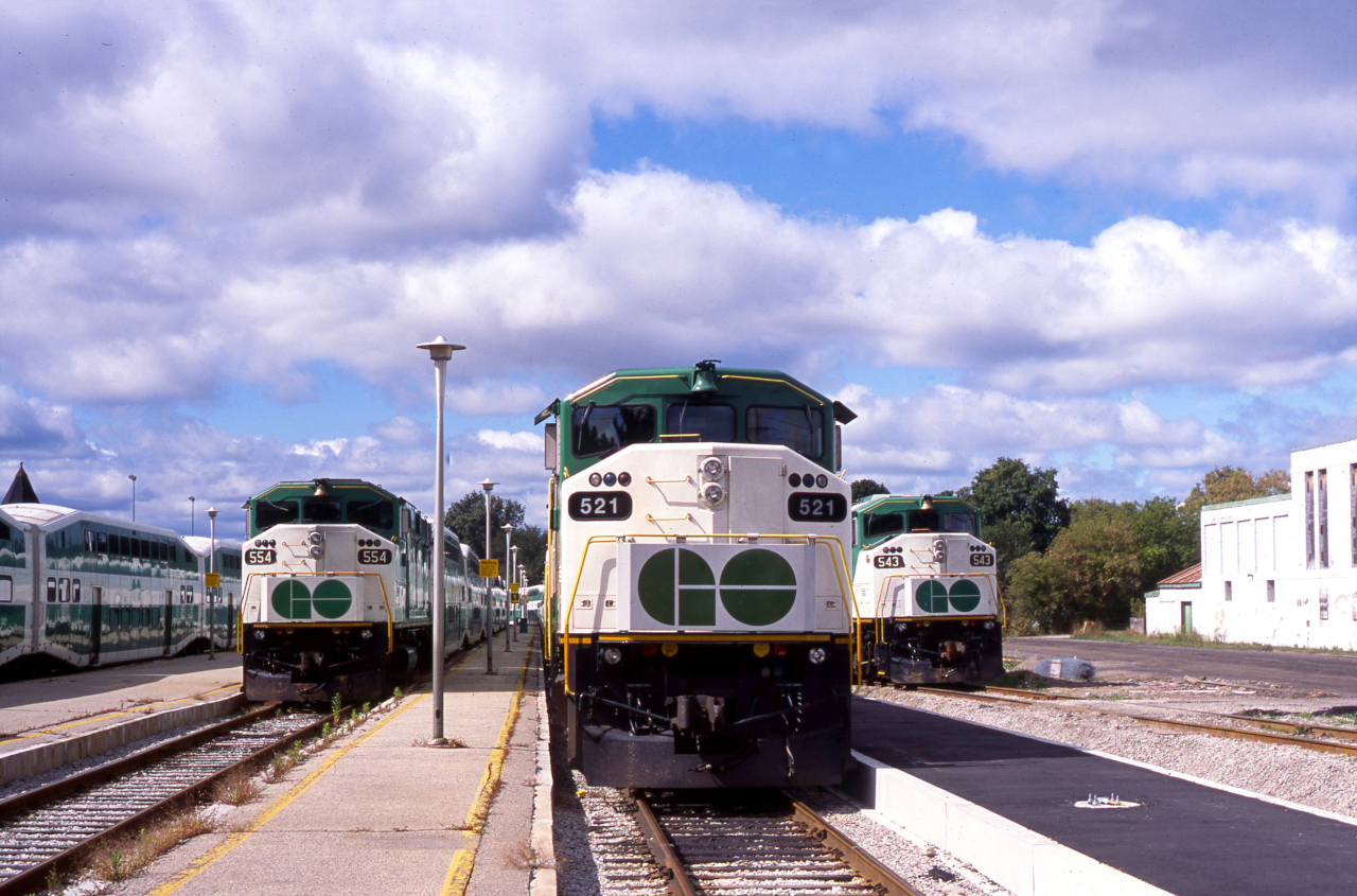 What is now the GO Transit Kitchener Line used to be the GO Transit Georgetown Line, opened in 1974. GO trains ran from Georgetown Station to Union Station and back until 2011, when the line was extended to Kitchener and renamed. Here we have three F59PHs in the Georgetown yard, awaiting their next operation to Union.