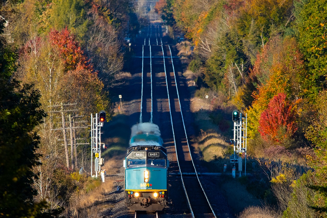 VIA 6451 leads the morning 50/60 combined train through a not so flat Northumberland County and past the rapidly changing autumn coloured trees.