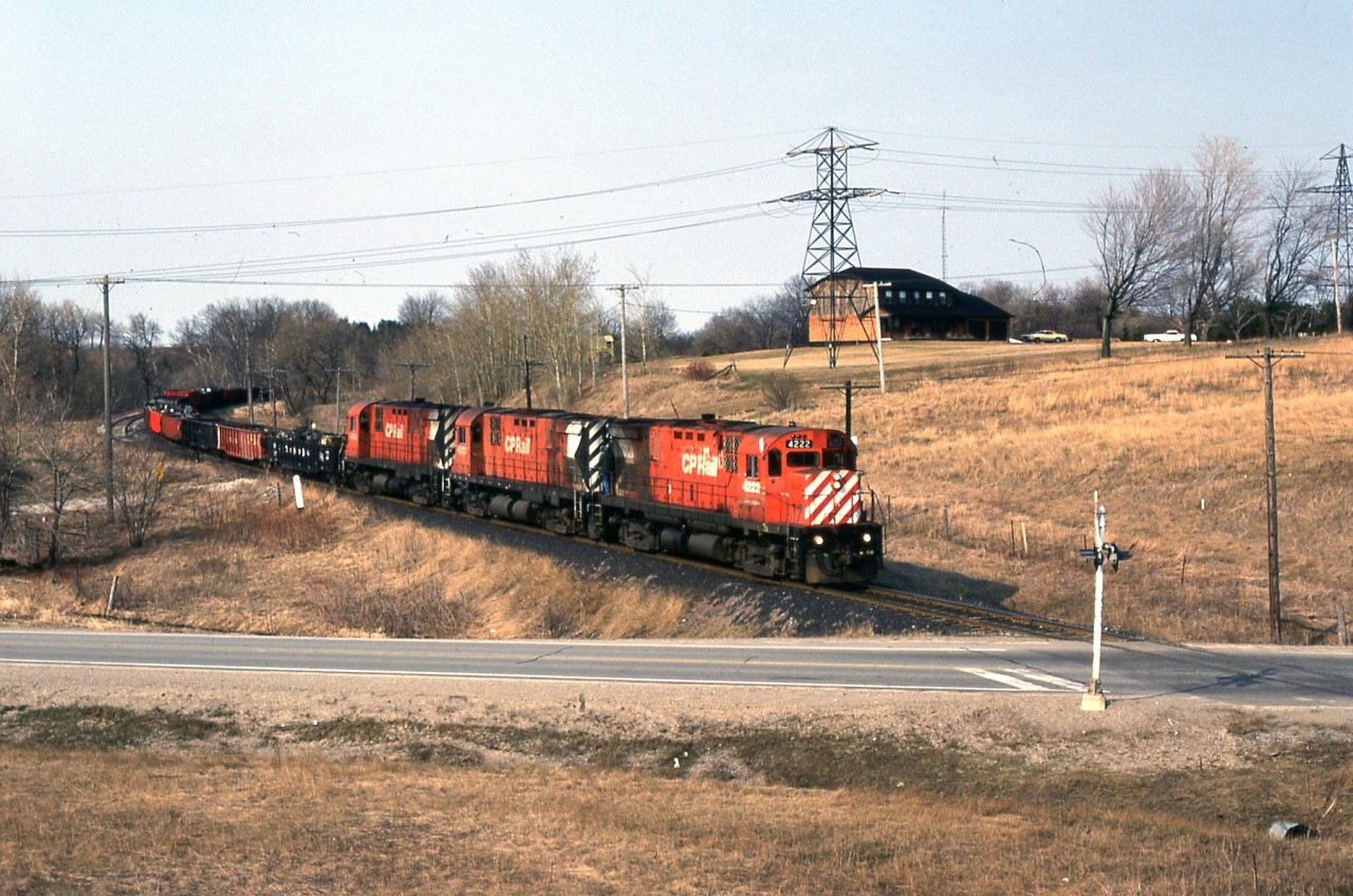 A trio of CP units heading to Nanticoke on the steel train.
This is old TH & B track since removed.